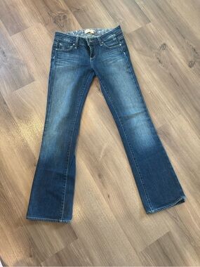 PAIGE Blue Flare Jeans with Subtle Whiskering
